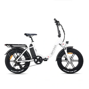Hygge Vester Step folding electric bike 250W in white side view with step-through frame, fat tyres, and rear rack for urban commuting.