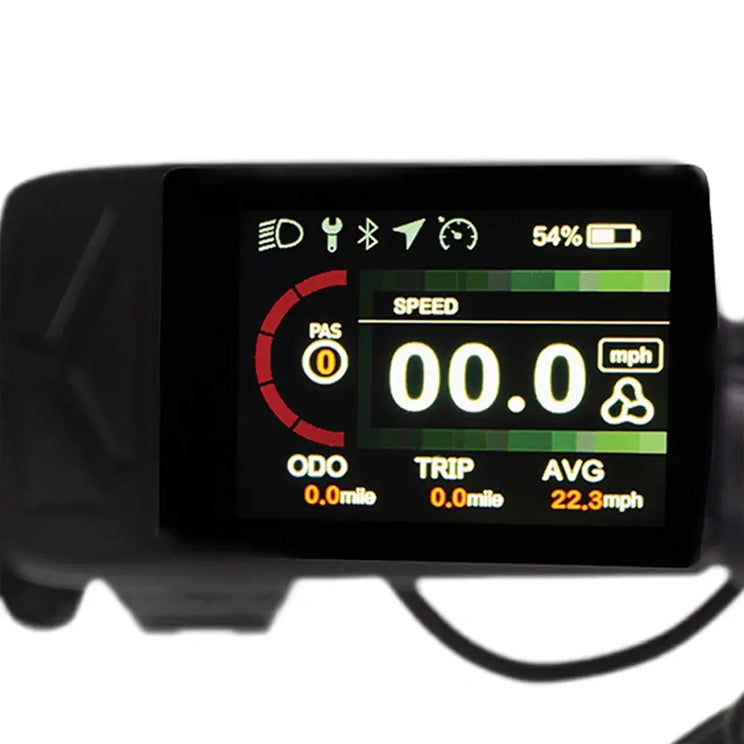 Hygge Vester Step folding ebike colour LCD display showing speed PAS level odometer.