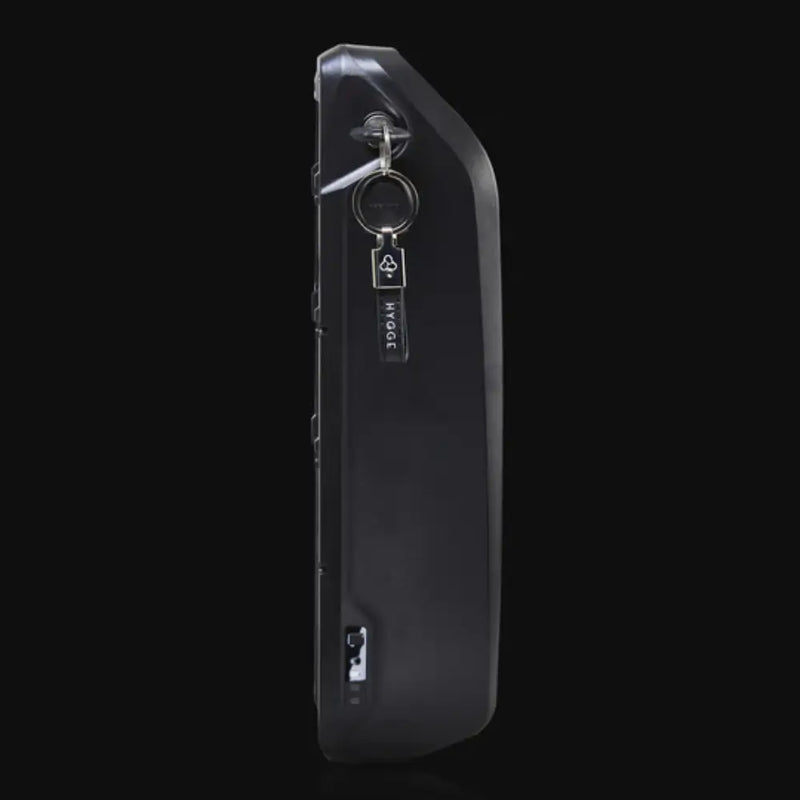 The removable battery for the Hygge Vester Step Folding Fat Tyre Electric Bike 250W shown against a dark background.