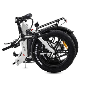 The white Hygge Vester Step electric bike in its fully folded position, demonstrating its compact size for storage.