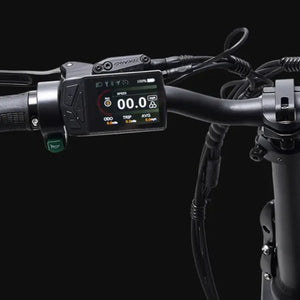 LCD display and control panel on the Hygge Vester Step Folding Fat Tyre Electric Bike 250W showing speed and battery information.