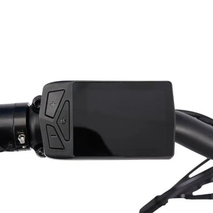 Hygge Virum Auto ebike black LCD control panel with plus minus and power buttons mounted on handlebar closeup.