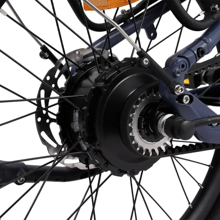 Hygge Virum e bike rear hub motor and disc brake close up highlighting drivetrain and braking system.