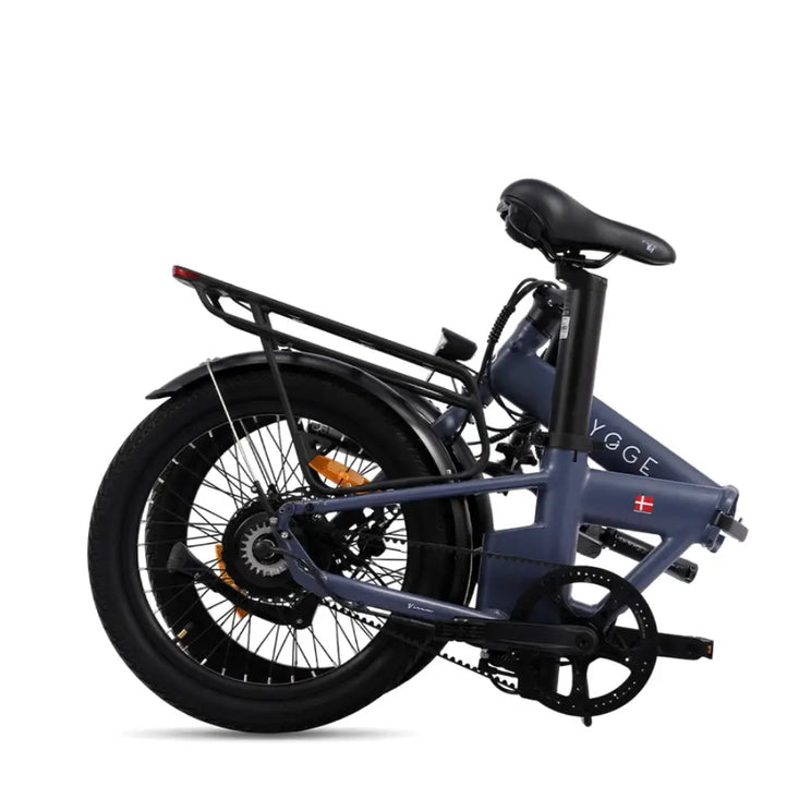 Hygge Virum Auto folding electric bike 250W in compact folded position with rear rack and integrated drivetrain.
