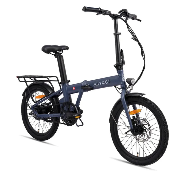 Hygge Virum foldable electric bike 250W front angled view with integrated lights and compact wheels.