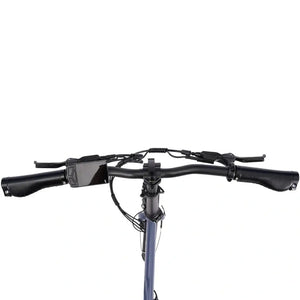 Hygge Virum Auto electric bike nocturne blue frame with black swept back handlebars and LCD display front view.