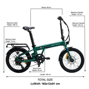 Size and dimensions diagram of the Hygge Virum Folding Electric Bike showing seat height, handlebar height, stand over height, and total length.