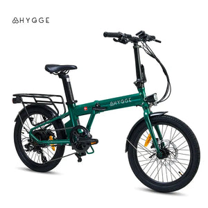 Angled front view of the Hygge Virum electric bike, showing the handlebars, front suspension, and step-through frame design.