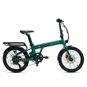 Side view of the Hygge Virum electric folding bike in racing green, featuring a low step-through frame and rear rack.