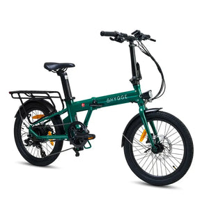 Angled front view of the Hygge Virum electric bike in green, showing the handlebars, front suspension, and step-through frame design.