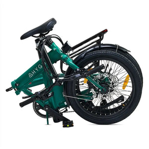 The Hygge Virum electric bike in its fully folded position, showing how compact the 20-inch wheels and frame become for storage.