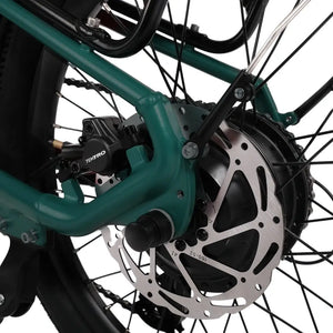 Hygge Virum folding ebike green frame with Tektro rear disc brake caliper and 160mm rotor.