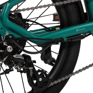 Hygge Virum folding ebike green frame showing Shimano Altus derailleur cassette and chain.