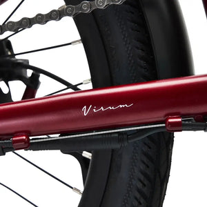 Hygge Virum folding ebike red aluminium frame tube with Virum script logo in white.