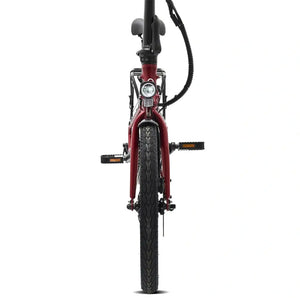 Hygge Virum folding ebike red straight on front view showing fork headlight and tread tyre.