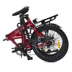 The red Hygge Virum e-bike in its fully folded state, demonstrating its compact dimensions for easy storage.