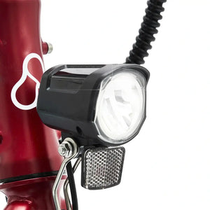 Hygge Virum folding ebike red frame with round LED front headlight and square reflector below.