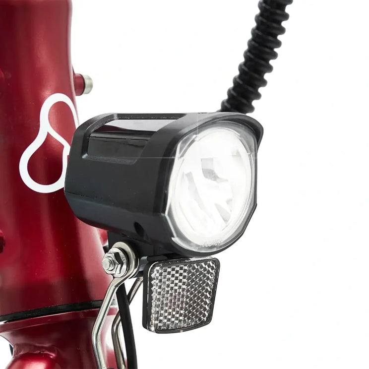 Hygge Virum folding ebike red frame with round LED front headlight and square reflector below.