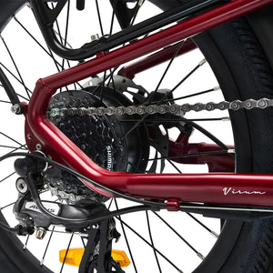 Hygge Virum folding ebike red frame showing Shimano Altus rear derailleur and chain closeup.
