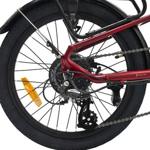 Hygge Virum folding ebike red rear wheel with Shimano Altus derailleur full fender and reflector.
