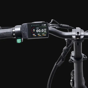 LCD display and control panel on the Hygge Virum Folding Electric Bike showing speed and battery information.
