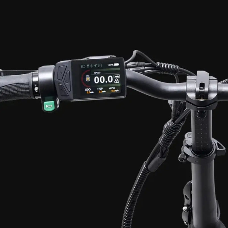 LCD display and control panel on the Hygge Virum Folding Electric Bike showing speed and battery information.