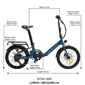 Hygge Virum step through folding electric bike dimensions and size guide showing seat height, handlebar height, and overall frame measurements.