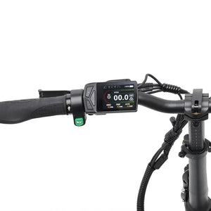 Hygge Virum e bike handlebar display and control panel showing speed, battery level, and riding modes.