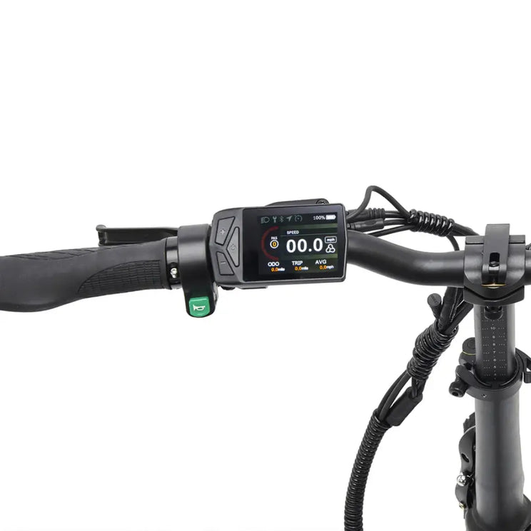Hygge Virum e bike handlebar display and control panel showing speed, battery level, and riding modes.