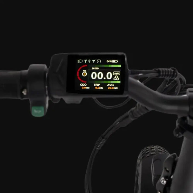 Hygge Virum electric bike LCD display dashboard showing speed, battery level, and riding information.
