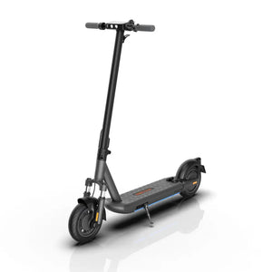 Angled view of the InMotion S1 folding electric scooter in black, showcasing its sturdy build and front suspension.