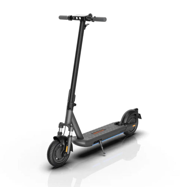 Angled view of the InMotion S1 folding electric scooter in black, showcasing its sturdy build and front suspension.