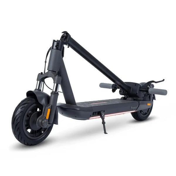 Folded view of the InMotion S1 folding electric scooter in black, highlighting the kickstand and deck design.