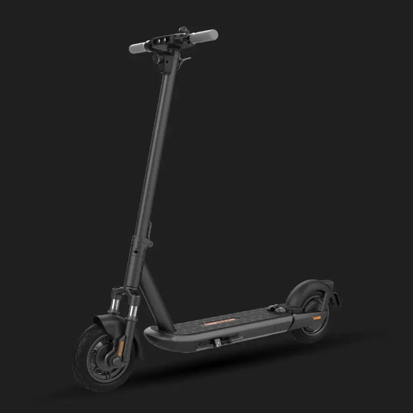 Angled side view of the InMotion S1 folding electric scooter in black, featuring front suspension and a wide textured foot deck for stability.