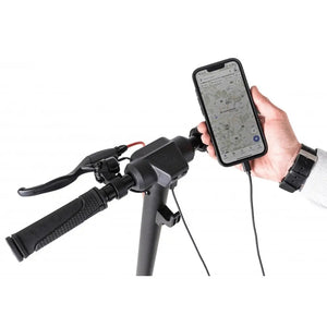 Li-Fe 350HC Electric Scooter 350W handlebar with smartphone connected via USB charging port.