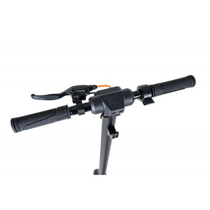 Close-up of the Li-Fe 350HC electric scooter 350W handlebar controls with brake lever and throttle.