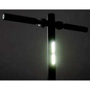 Close-up of the Li-Fe Life 200 electric scooter handlebar showing bright LED front lights for safe night riding.