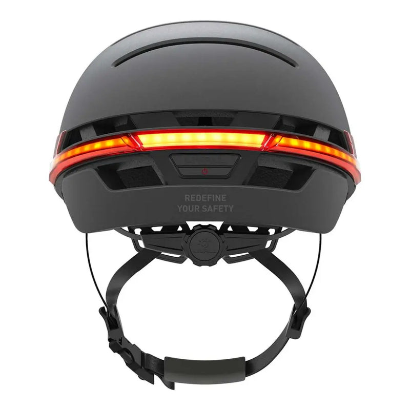 Back view of the Livall BH51M Neo smart cycling helmet in black showing bright LED light strip for enhanced road visibility.