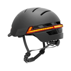 Rear view of the Livall BH51M Neo smart cycling helmet in black, showing bright LED light strip for enhanced road visibility.