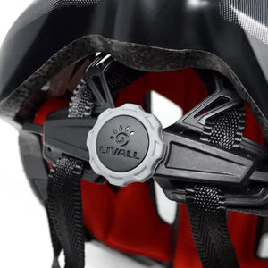 Rear view of the Livall BH60SE smart helmet featuring the grey adjustment dial and internal strap mechanism for a secure fit.