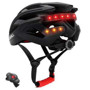 Livall BH60SE smart road helmet with rear LED lights activated and remote control shown, designed for enhanced cycling safety and signalling.