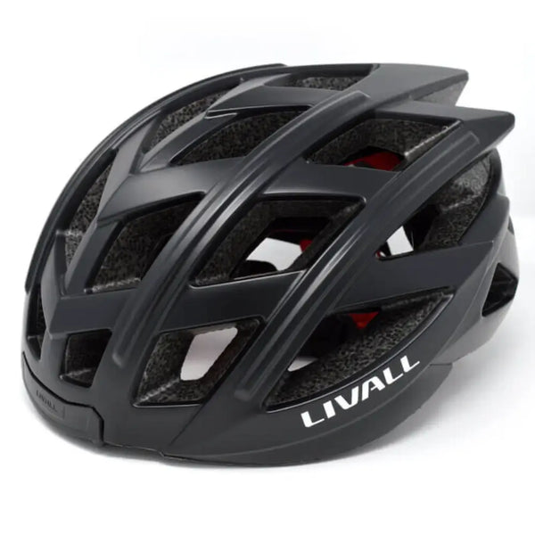 Angled side view of the Livall BH60SE smart cycling helmet showcasing its aerodynamic design and multiple ventilation openings.