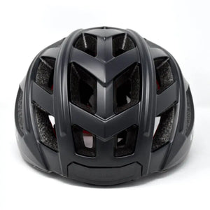 Front view of the Livall BH60SE smart road cycling helmet in black, featuring large ventilation slots for airflow and lightweight protection.