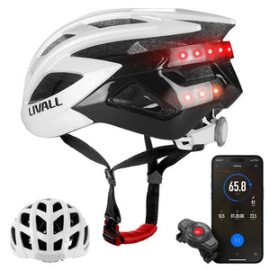 White bicycle helmet with red lights, smartphone app, and additional helmet on a white background