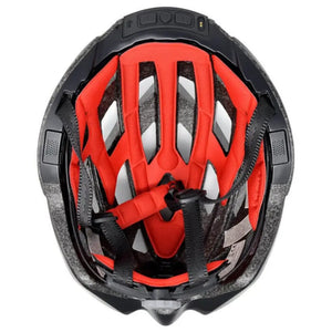 Interior of the Livall BH60SE Smart Cycle Road Helmet showing red padding, integrated stereo speakers, and adjustable fit system.