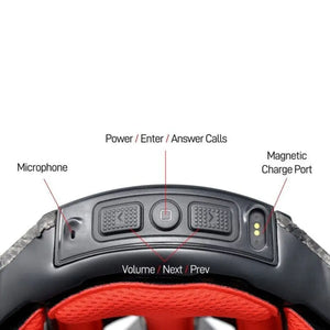 Close-up of the Livall BH60SE helmet's built-in smart controls including volume, call, and power buttons with magnetic charging port and microphone.
