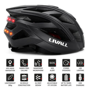 Side view of the Livall BH60SE Smart Cycle Road Helmet with active rear LED lights and branding, shown with icons highlighting key smart features.