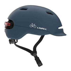Side view of the Livall C20 Smart Cycle Helmet in matte blue, showing the rear LED light and bicycle icon design.