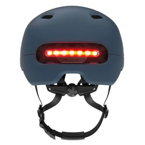 Rear view of the Livall C20 Smart Cycle Helmet in blue with illuminated red LED light and adjustable fit system.