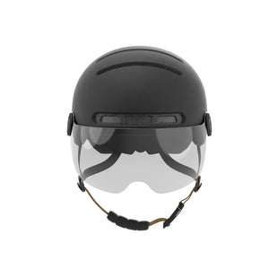 Front view of the Livall L23 smart cycling helmet with clear integrated visor and air vents.